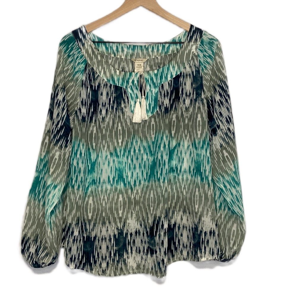 Ariat Women's Medium Dona Tunic Multicolor Sheer Peasant Top Tassel Tie